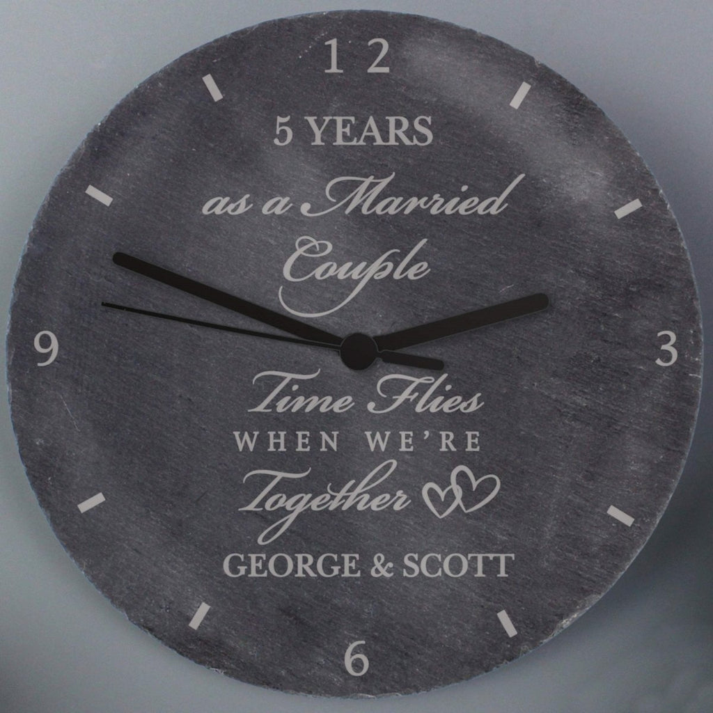 Elegant grey slate anniversary clock, personalized engraving, 4 lines of text, 'Time Flies When We're Together,' 1x AA battery