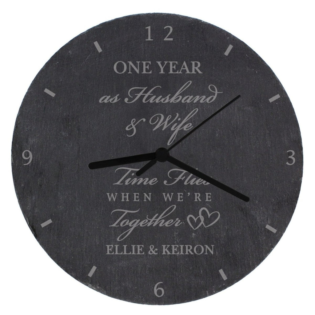 Elegant grey slate anniversary clock, personalized engraving, 4 lines of text, 'Time Flies When We're Together,' 1x AA battery