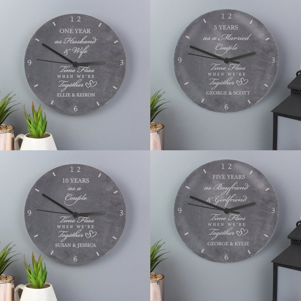 Elegant grey slate anniversary clock, personalized engraving, 4 lines of text, 'Time Flies When We're Together,' 1x AA battery