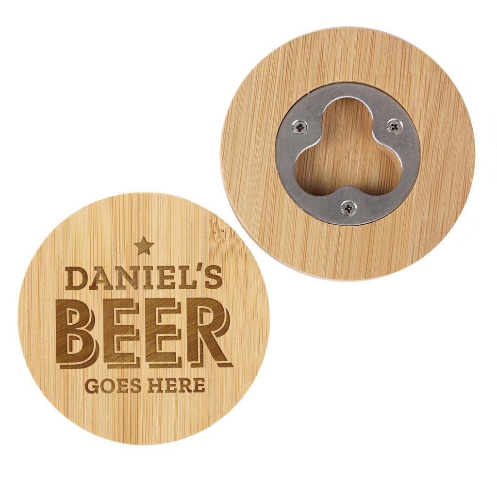 Personalised Beer Goes Here Bamboo Bottle Opener Coaster, Father's day Gift for Men - Engraved Memories