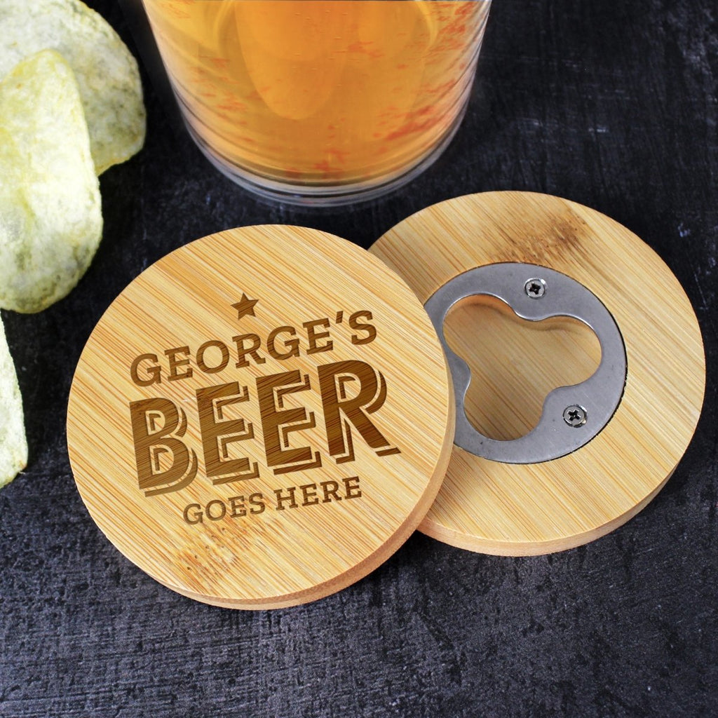 Personalised Beer Goes Here Bamboo Bottle Opener Coaster, Father's day Gift for Men - Engraved Memories