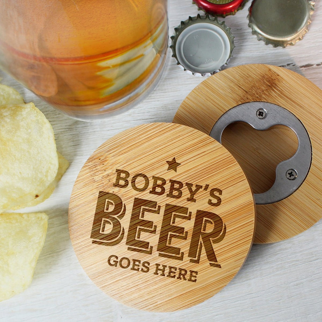 Personalised Beer Goes Here Bamboo Bottle Opener Coaster, Father's day Gift for Men - Engraved Memories