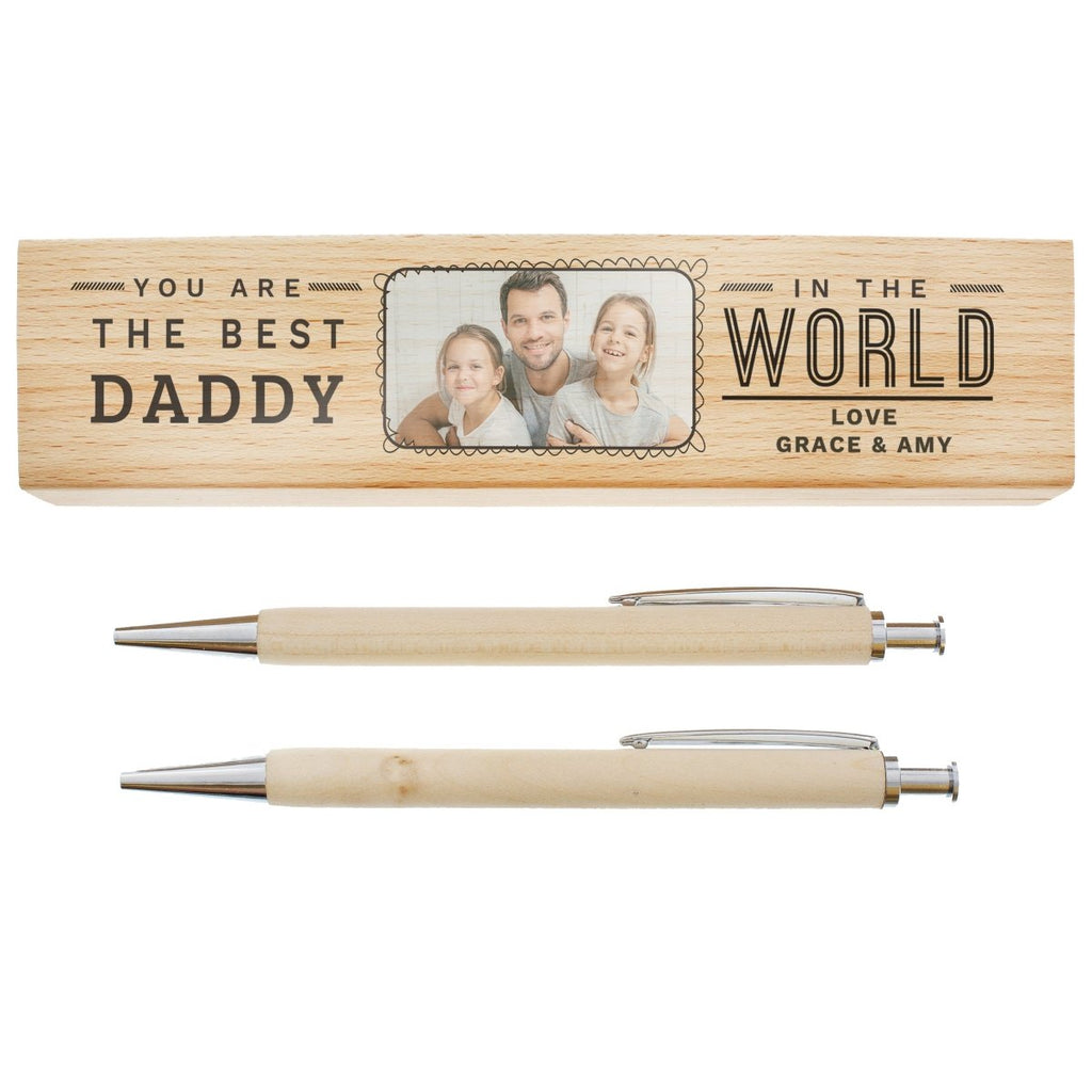Personalised Best In The World Photo Upload Wooden Pen and Pencil Set - Engraved Memories