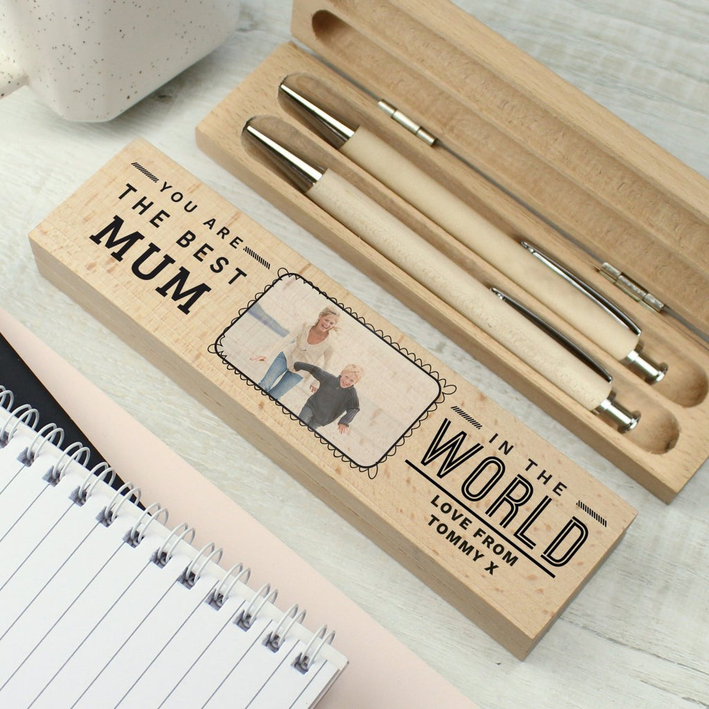 Personalised Best In The World Photo Upload Wooden Pen and Pencil Set - Engraved Memories