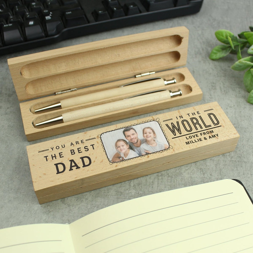 Personalised Best In The World Photo Upload Wooden Pen and Pencil Set - Engraved Memories