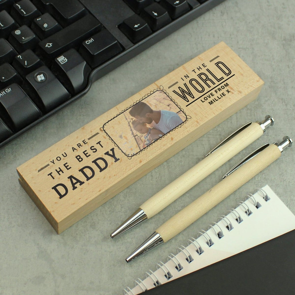 Personalised Best In The World Photo Upload Wooden Pen and Pencil Set - Engraved Memories