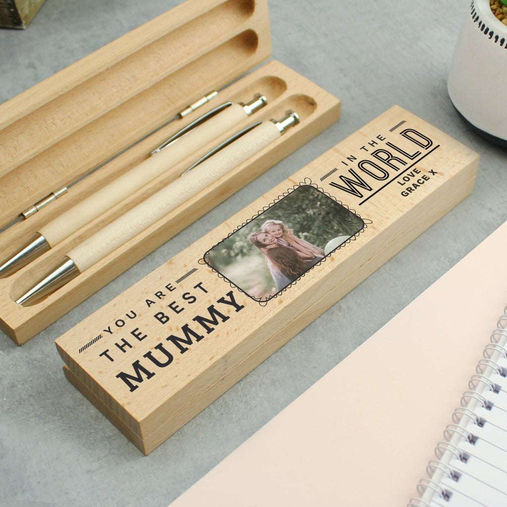 Personalised Best In The World Photo Upload Wooden Pen and Pencil Set - Engraved Memories