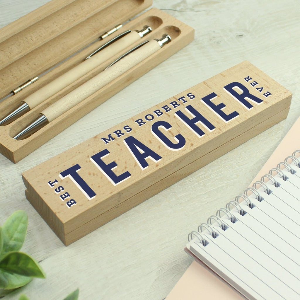 Personalised Best Teacher Wooden Pen and Pencil Set - Engraved Memories