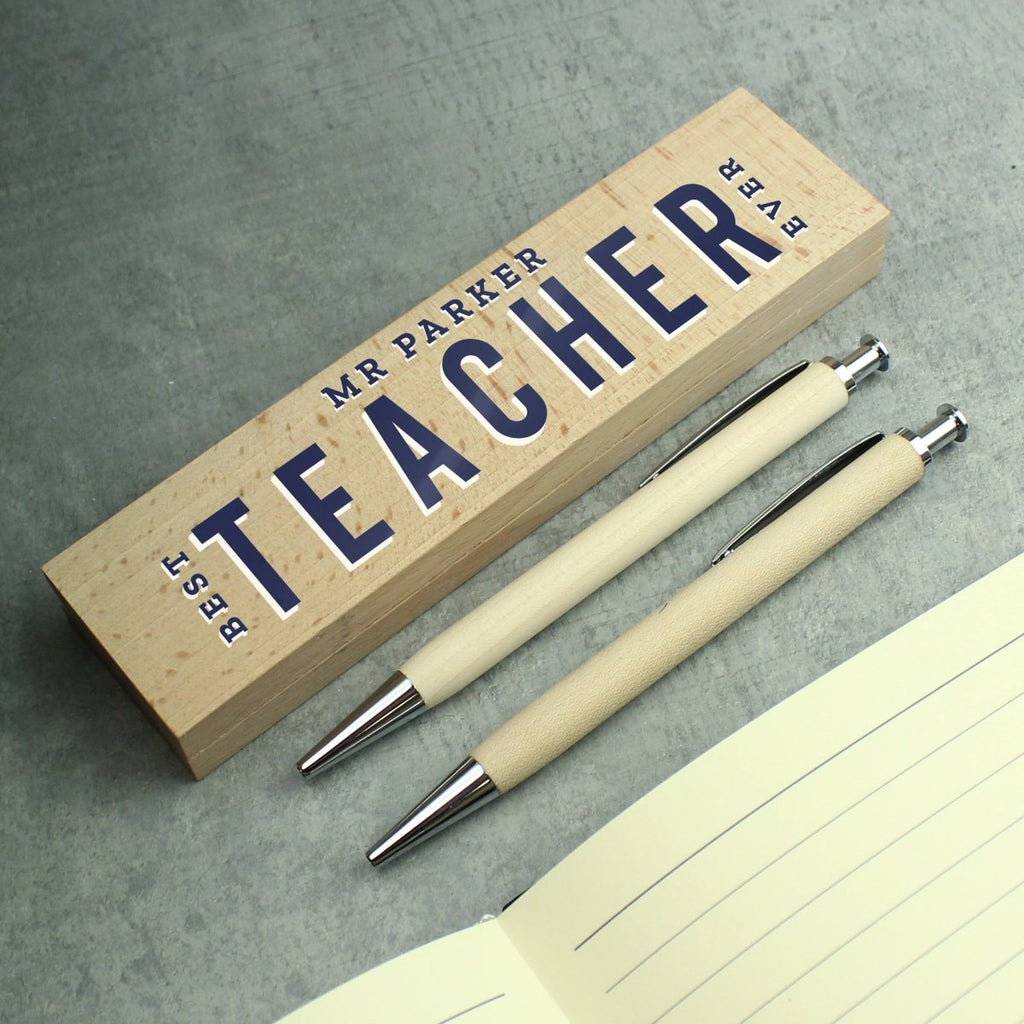 Personalised Best Teacher Wooden Pen and Pencil Set - Engraved Memories