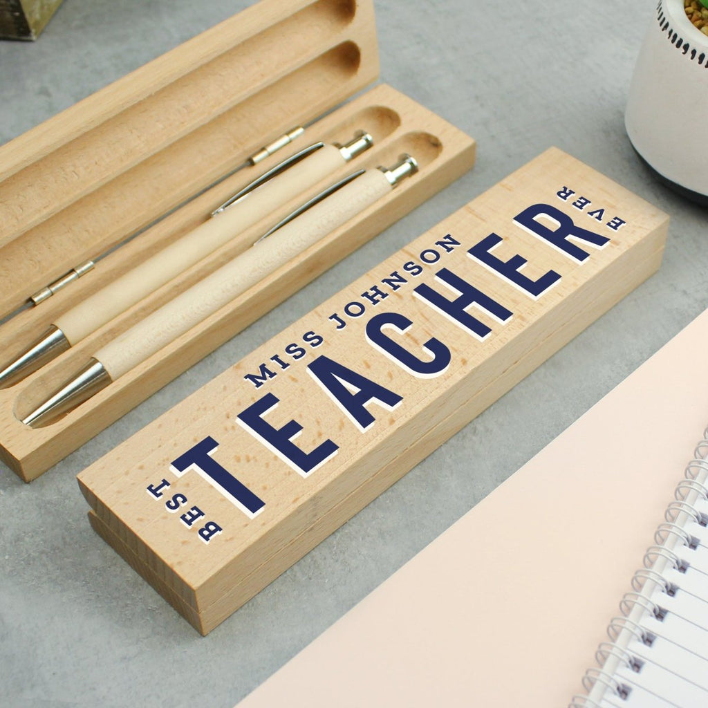 Personalised Best Teacher Wooden Pen and Pencil Set - Engraved Memories