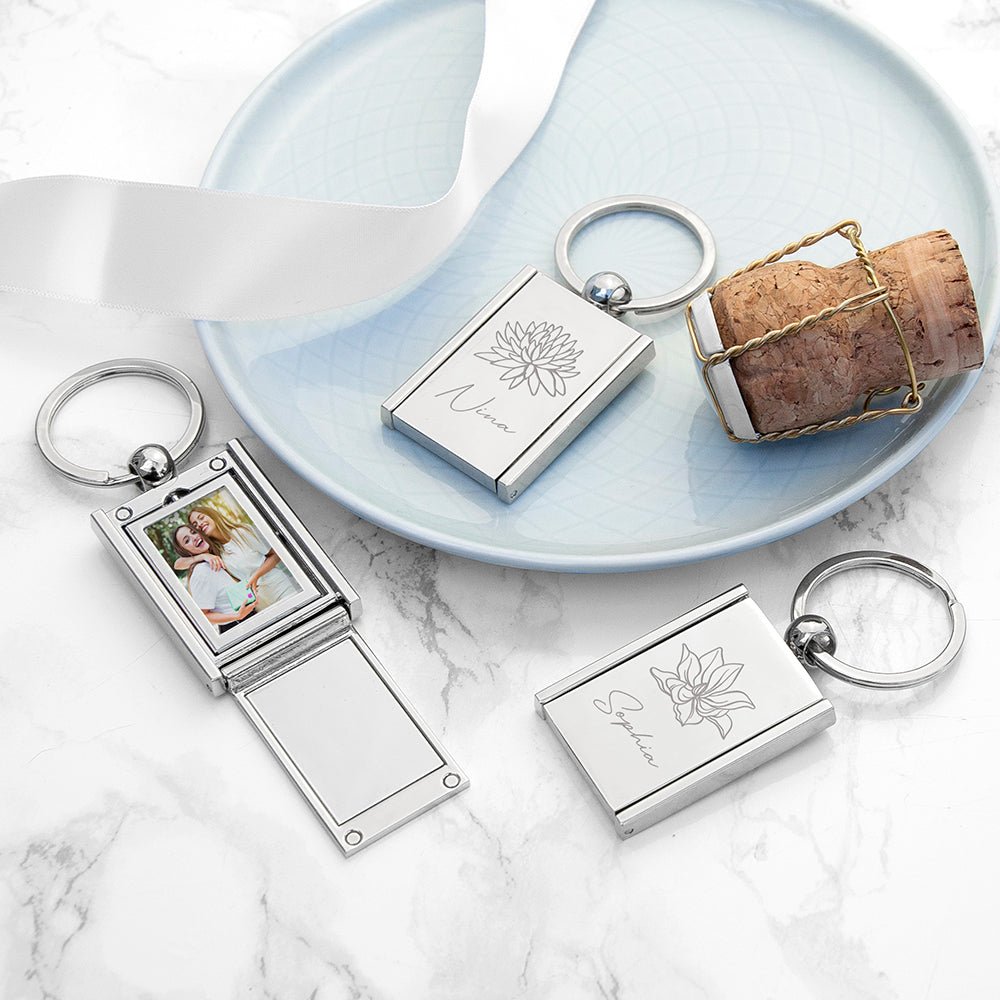 Personalised Birth Flower Frame Keyring - Engraved Memories