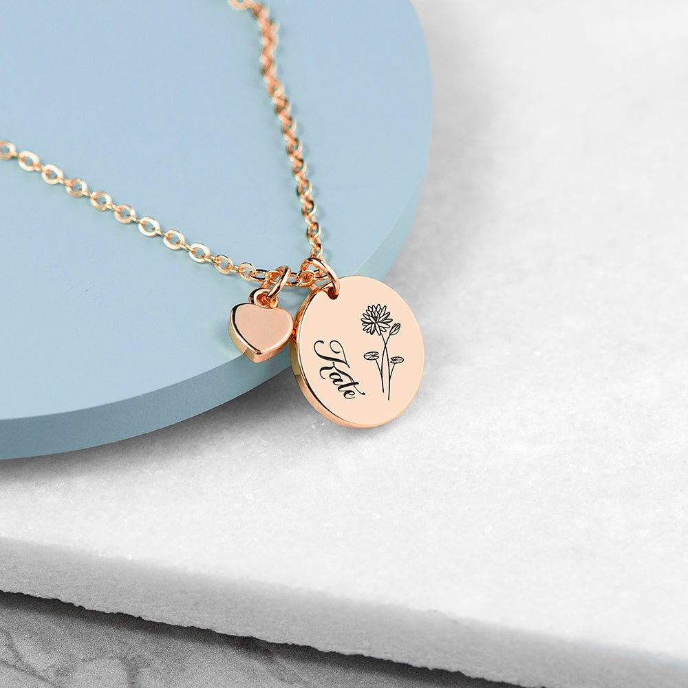 Personalised Birth Flower Heart and Disc Necklace - Engraved Memories