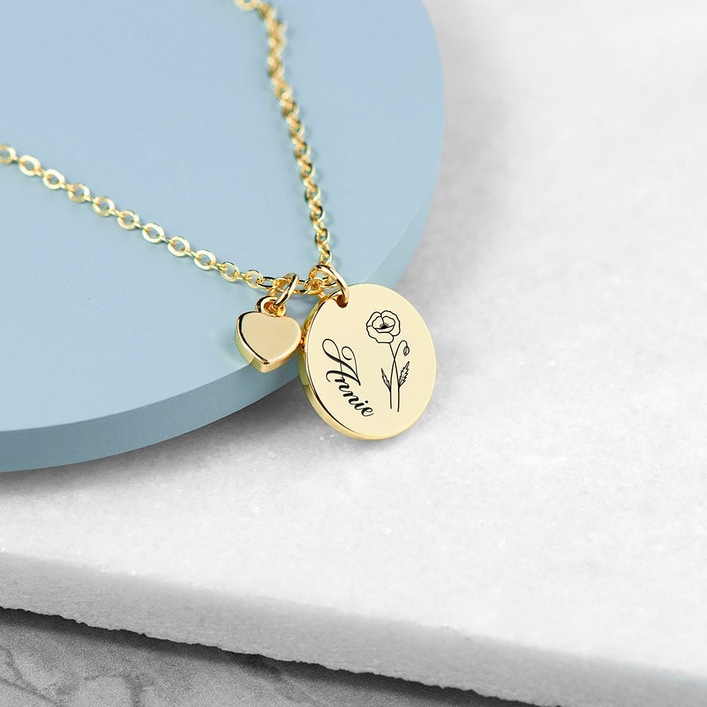 Personalised Birth Flower Heart and Disc Necklace - Engraved Memories