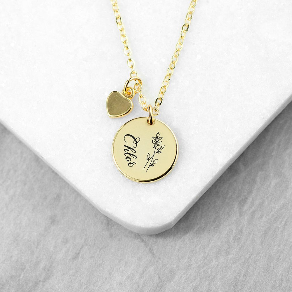 Personalised Birth Flower Heart and Disc Necklace - Engraved Memories