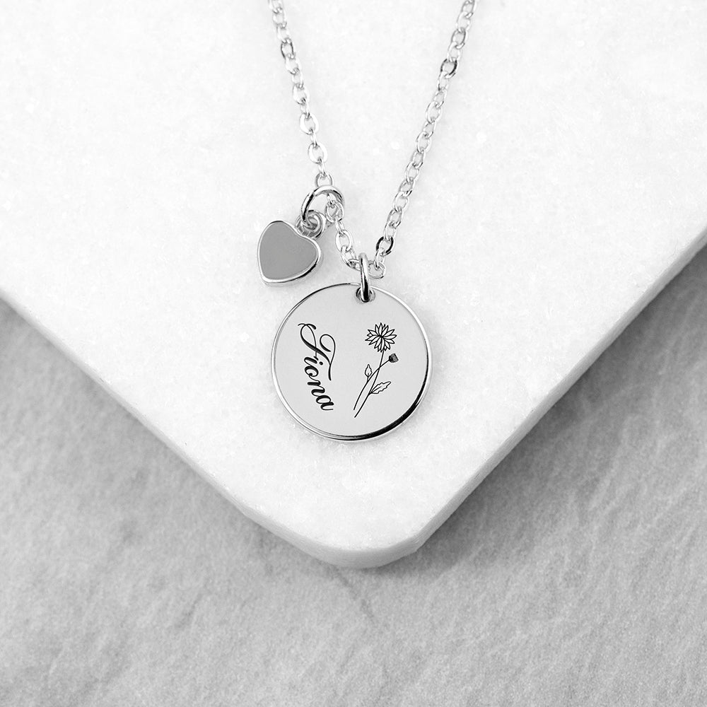 Personalised Birth Flower Heart and Disc Necklace - Engraved Memories