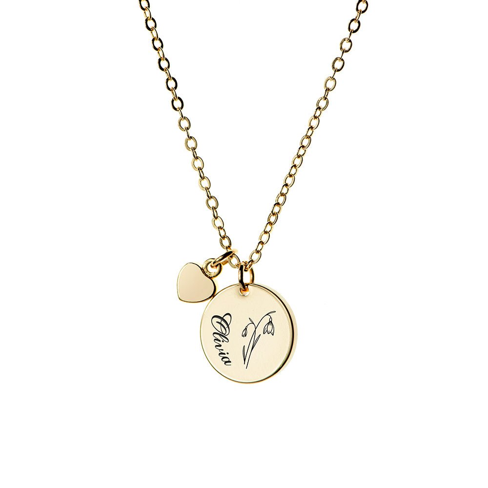 Personalised Birth Flower Heart and Disc Necklace - Engraved Memories