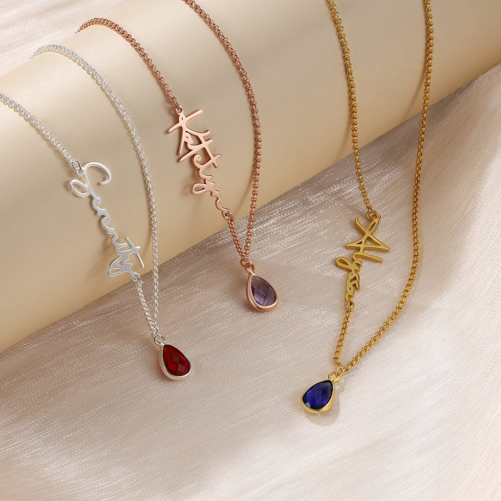 Personalised Birthstone Drop Necklace, Cutout Name Chain, Unique Gift for Loved Ones - Engraved Memories