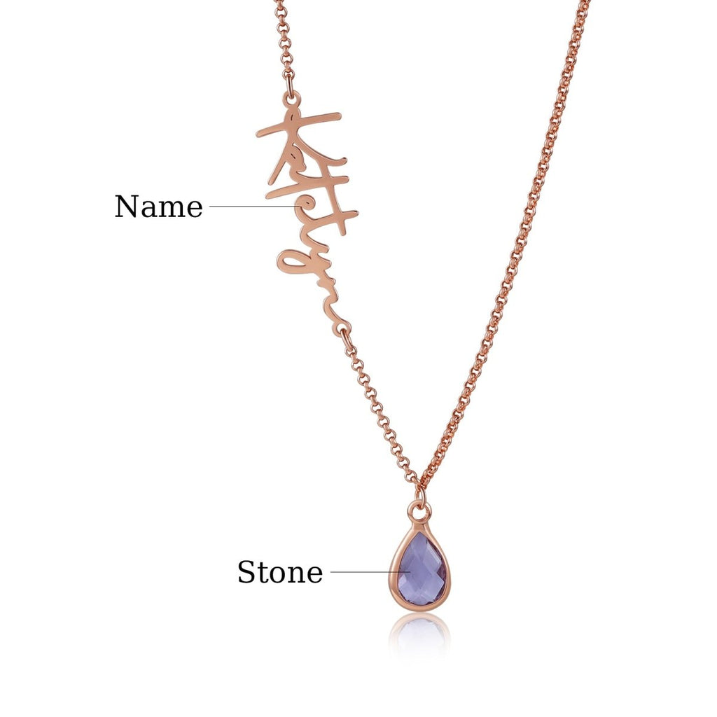 Personalised birthstone drop necklace (40+5cm), custom name chain, available in stainless steel or plated finishes