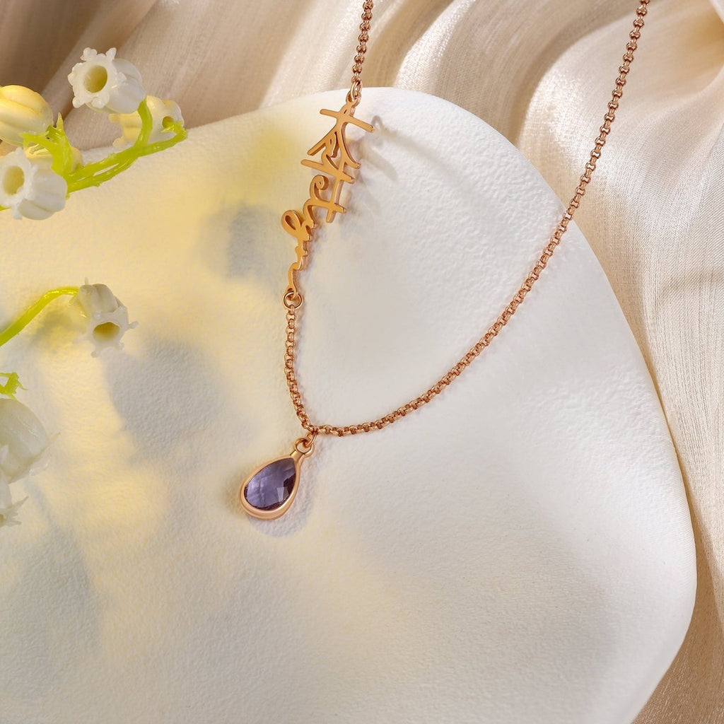 Personalised birthstone drop necklace (40+5cm), custom name chain, available in stainless steel or plated finishes