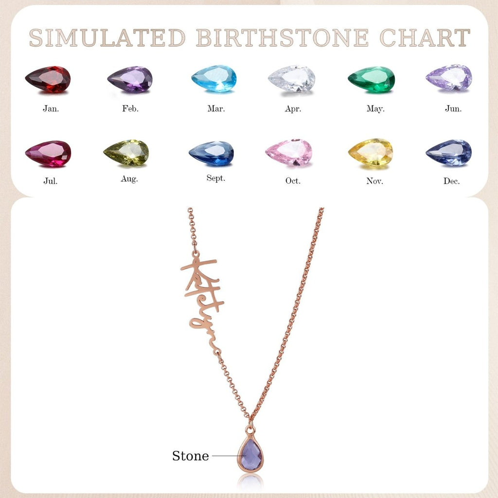 Personalised birthstone drop necklace (40+5cm), custom name chain, available in stainless steel or plated finishes