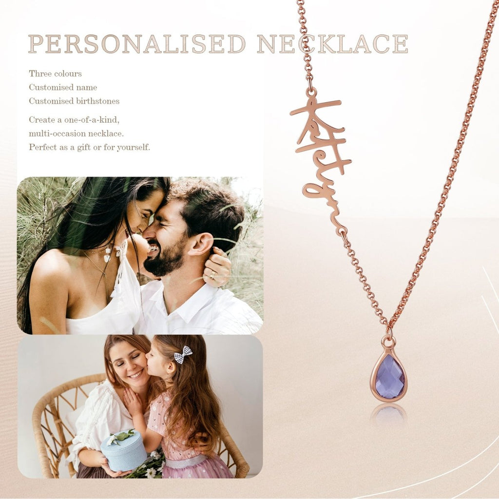 Personalised birthstone drop necklace (40+5cm), custom name chain, available in stainless steel or plated finishes