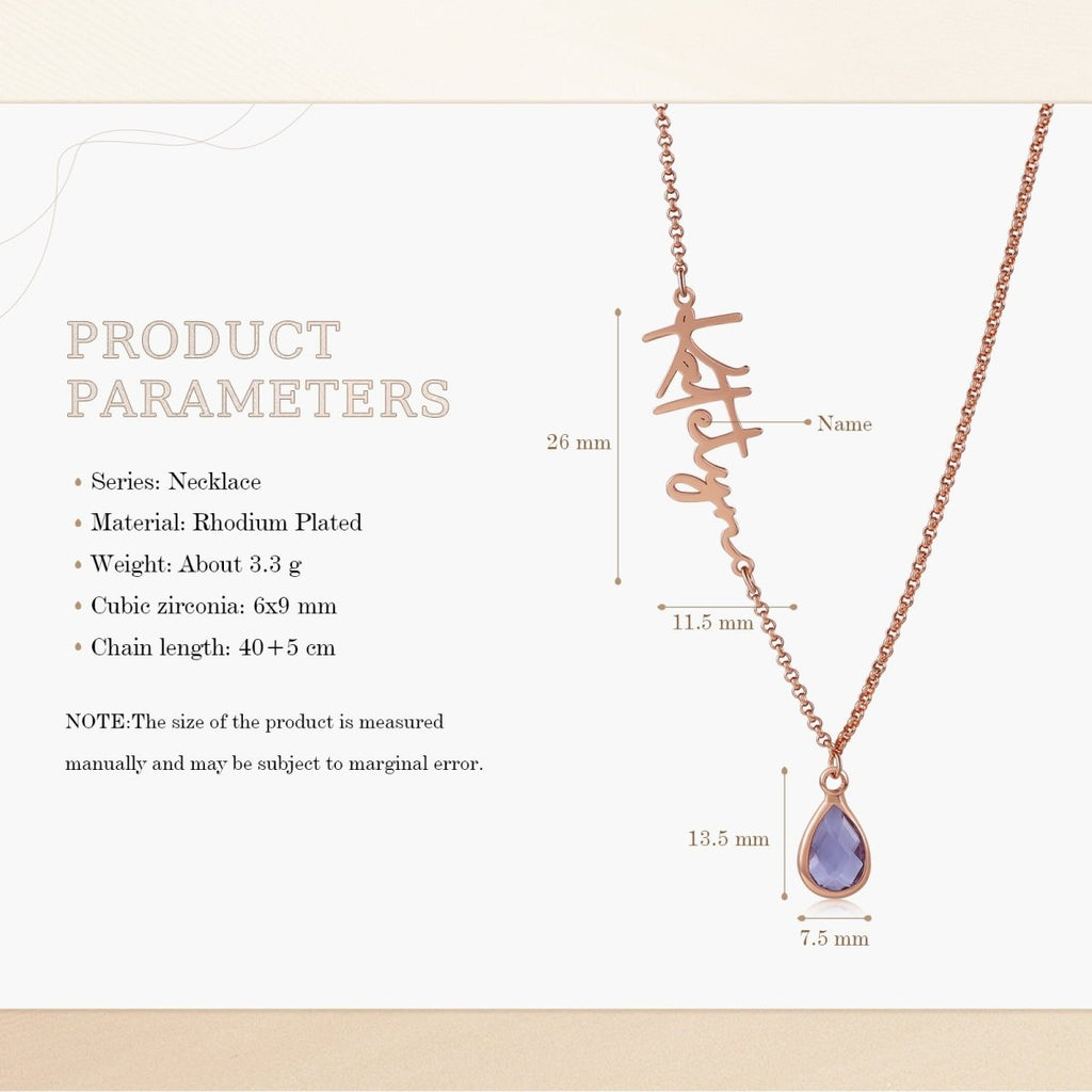 Personalised birthstone drop necklace (40+5cm), custom name chain, available in stainless steel or plated finishes