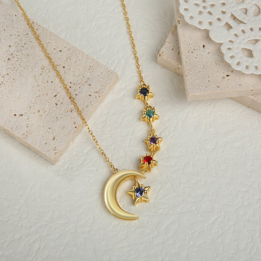 Personalised Birthstones Crescent Moon and Stars Necklace - Engraved Memories