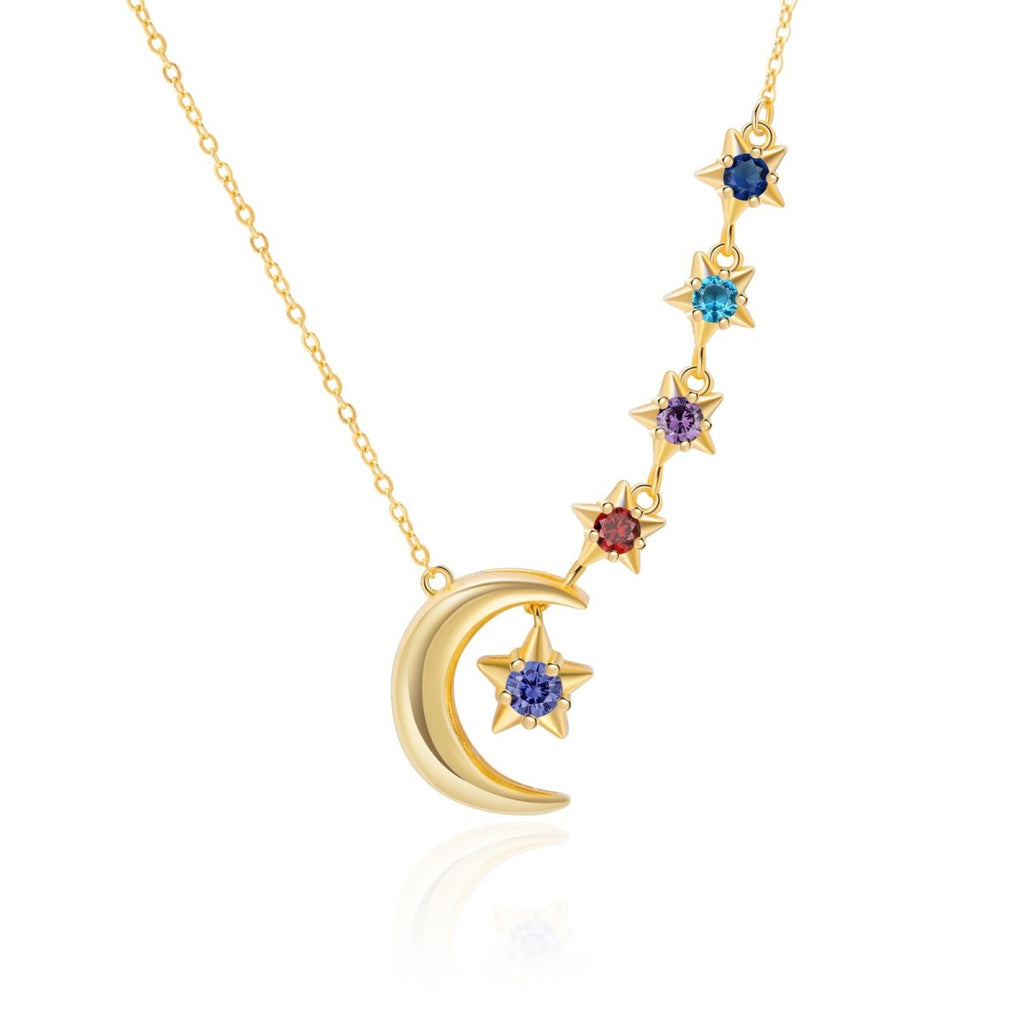 Personalised Birthstones Crescent Moon and Stars Necklace - Engraved Memories