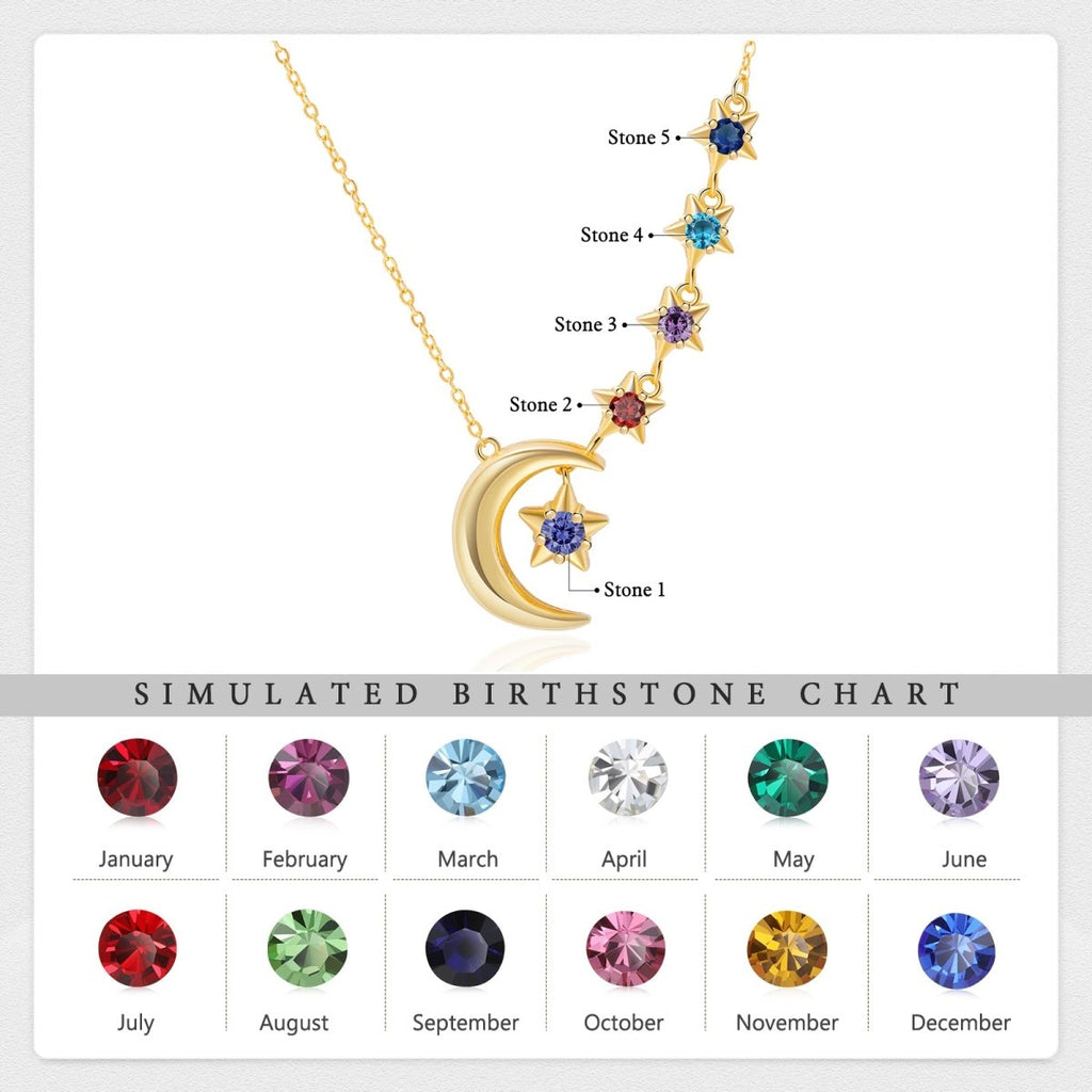 Personalised Birthstones Crescent Moon and Stars Necklace - Engraved Memories