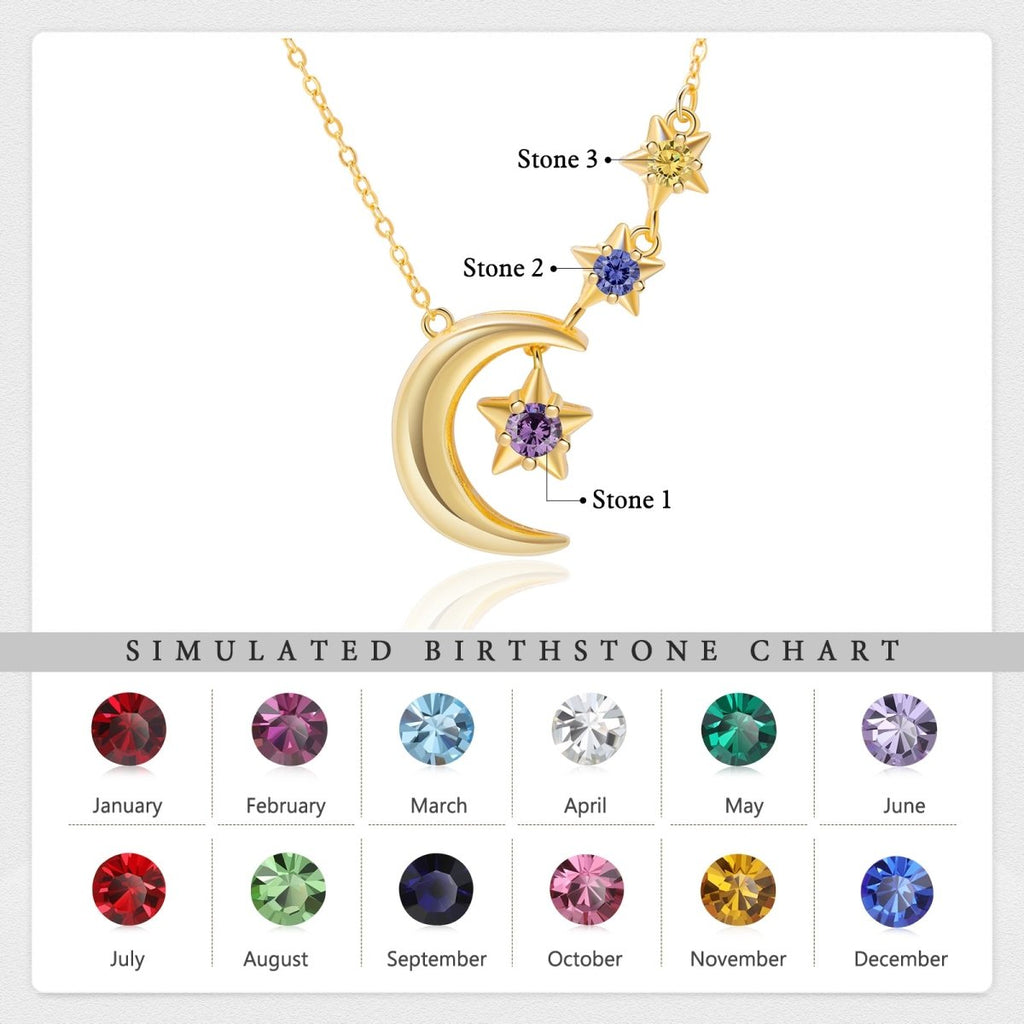 Personalised Birthstones Crescent Moon and Stars Necklace - Engraved Memories