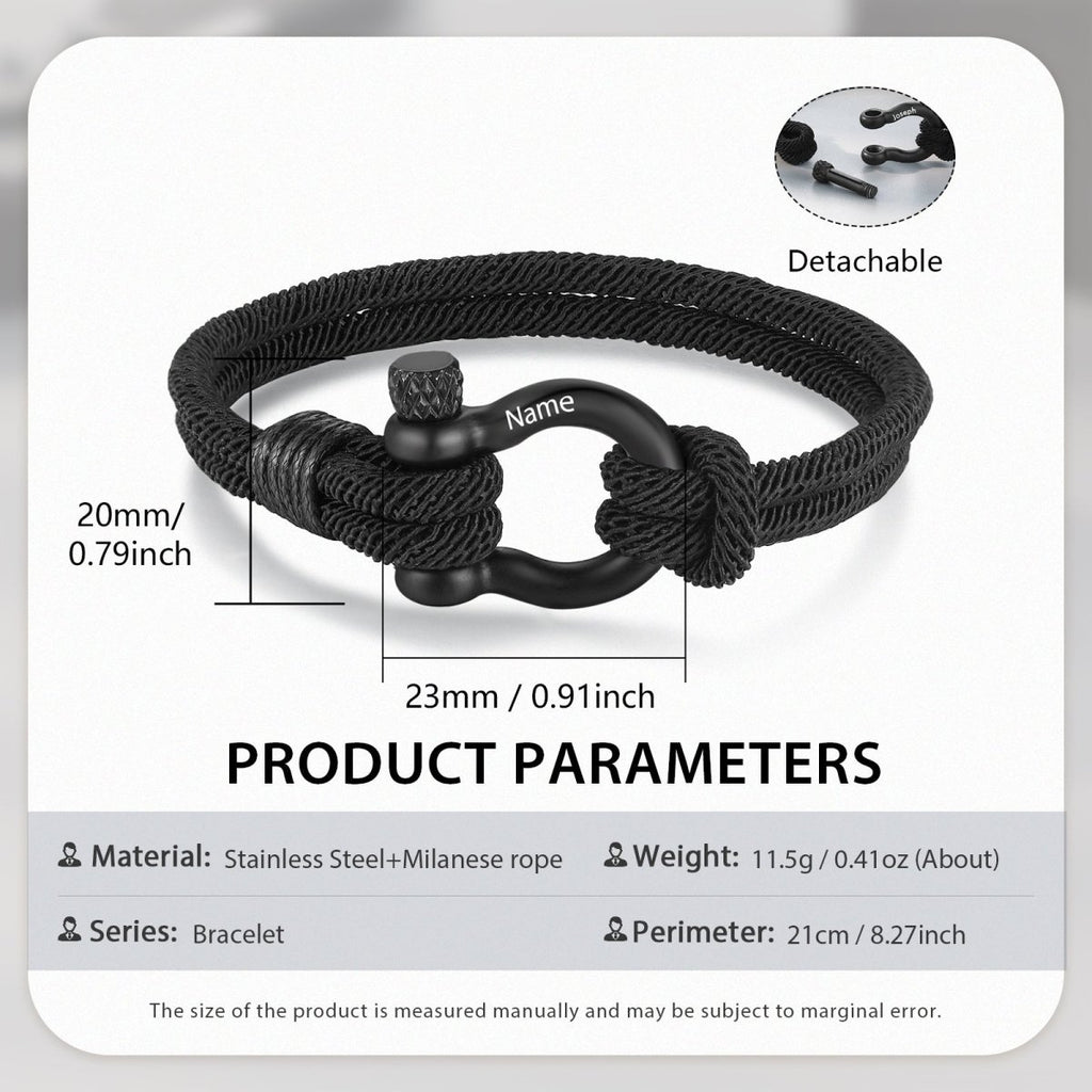 Personalised Black Titanium Steel U Shape Survival Bracelet, Outdoor Camping Shackle Rope Bracelet For Men - Engraved Memories