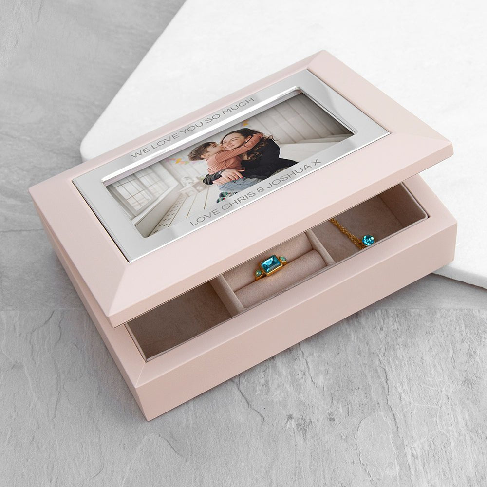 Personalised Blush Pink & Silver Photo Jewellery Box - Engraved Memories