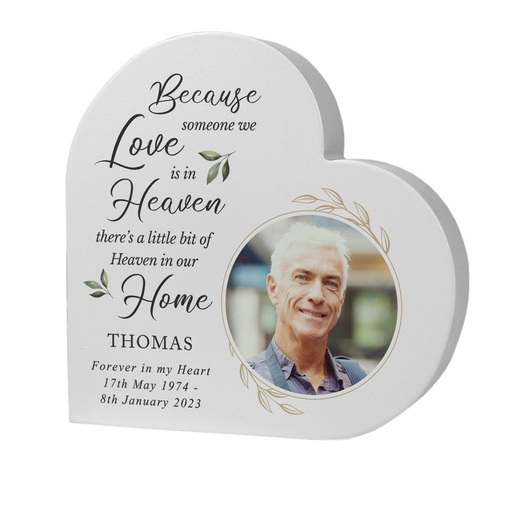 Personalised Botanical Memorial Photo Upload Free Standing Heart Ornament - Engraved Memories