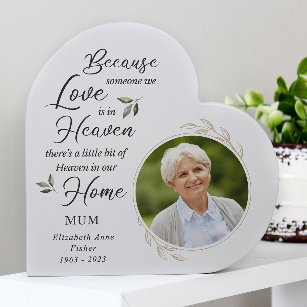 Personalised Botanical Memorial Photo Upload Free Standing Heart Ornament - Engraved Memories