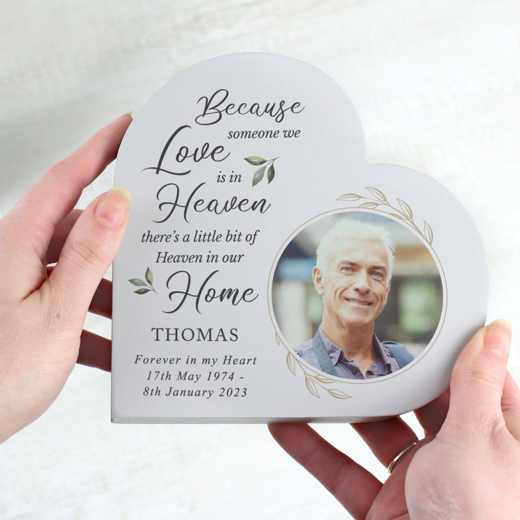 Personalised Botanical Memorial Photo Upload Free Standing Heart Ornament - Engraved Memories