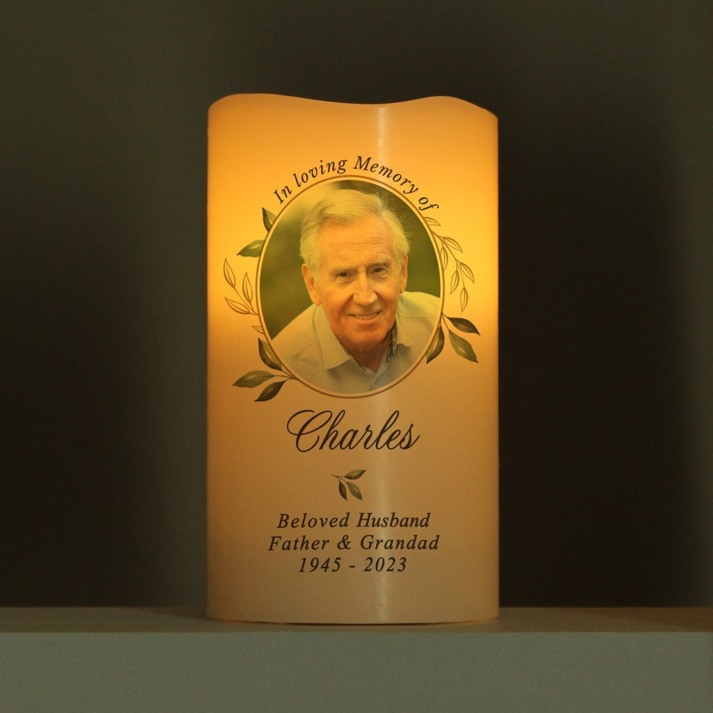 Personalised Botanical Memorial Photo Upload LED Candle - Engraved Memories