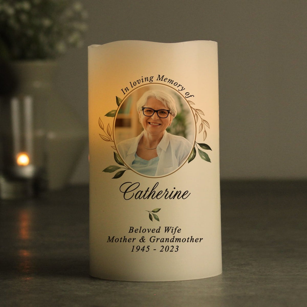 Personalised Botanical Memorial Photo Upload LED Candle - Engraved Memories