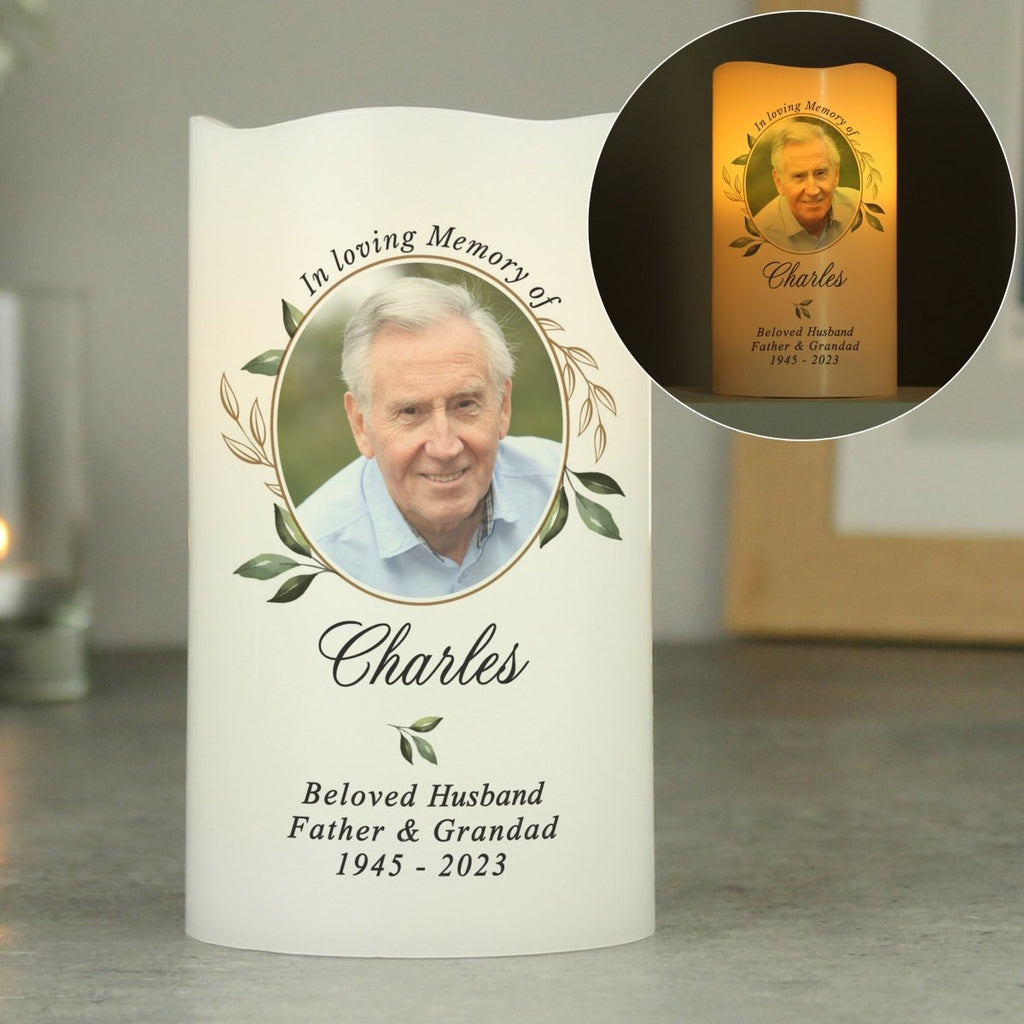 Personalised Botanical Memorial Photo Upload LED Candle - Engraved Memories