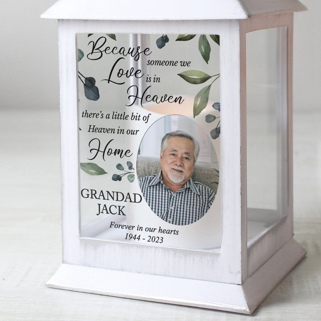 Personalised Botanical Memorial Photo Upload White Lantern - Engraved Memories