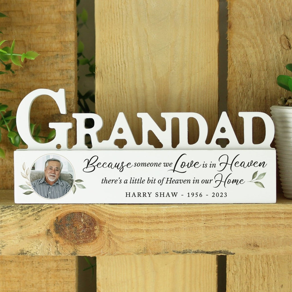 Personalised Botanical Memorial Photo Upload Wooden Grandad Ornament - Engraved Memories