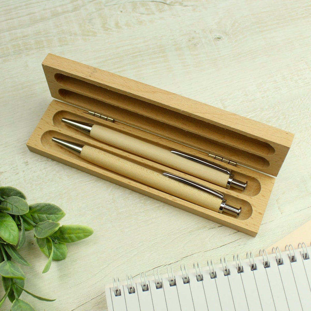 Personalised Botanical Wooden Pen and Pencil Set - Engraved Memories