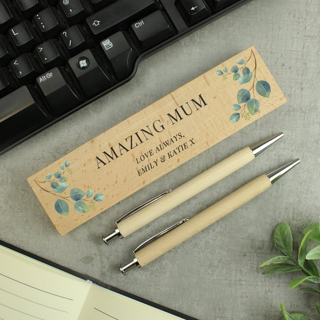 Personalised Botanical Wooden Pen and Pencil Set - Engraved Memories