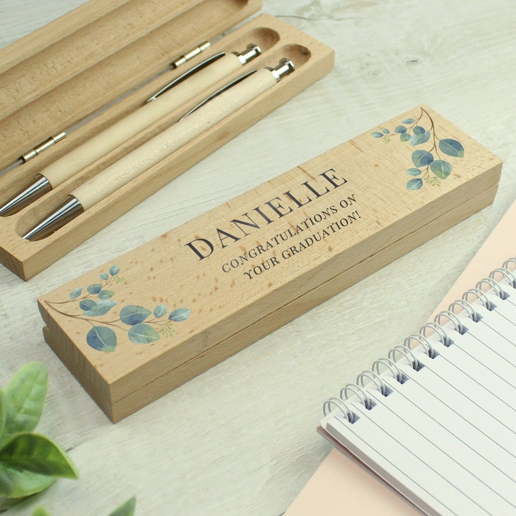 Personalised Botanical Wooden Pen and Pencil Set - Engraved Memories