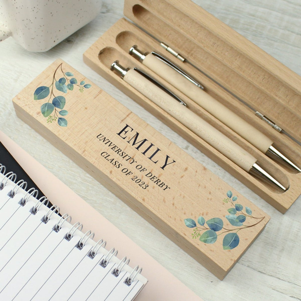 Personalised Botanical Wooden Pen and Pencil Set - Engraved Memories