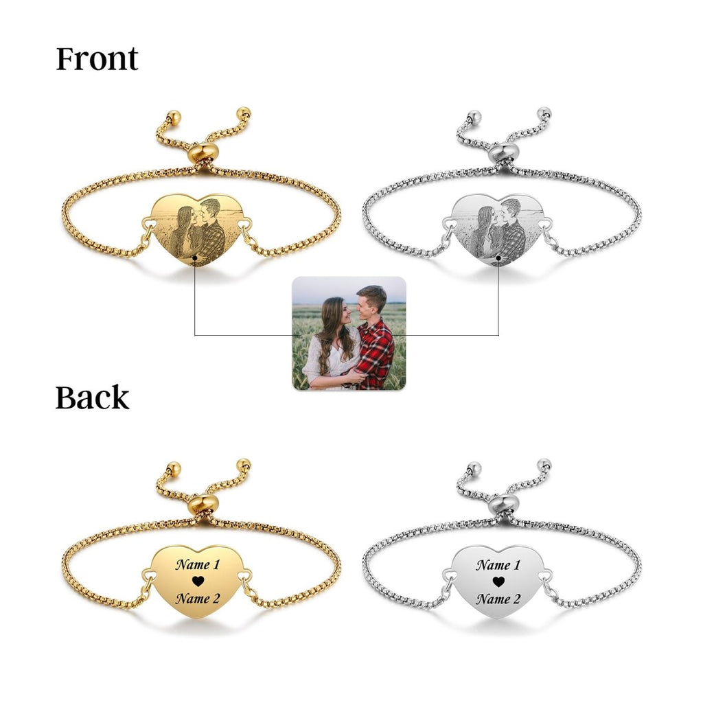 Personalised Bracelet Set, Heart Shaped Photo Engraved Couples Bracelet - Engraved Memories