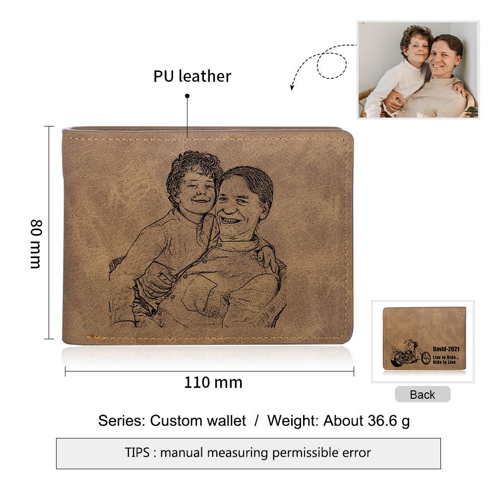 Personalized brown leather photo wallet, 11*8cm, PU leather, 36.6g, perfect Father's Day gift.