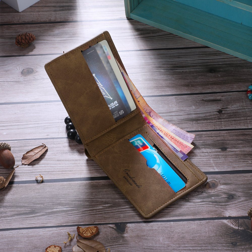 Personalized brown leather photo wallet, 11*8cm, PU leather, 36.6g, perfect Father's Day gift.