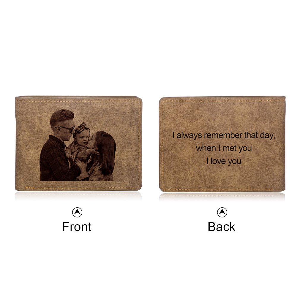Personalized brown leather photo wallet, 11*8cm, PU leather, 36.6g, perfect Father's Day gift.