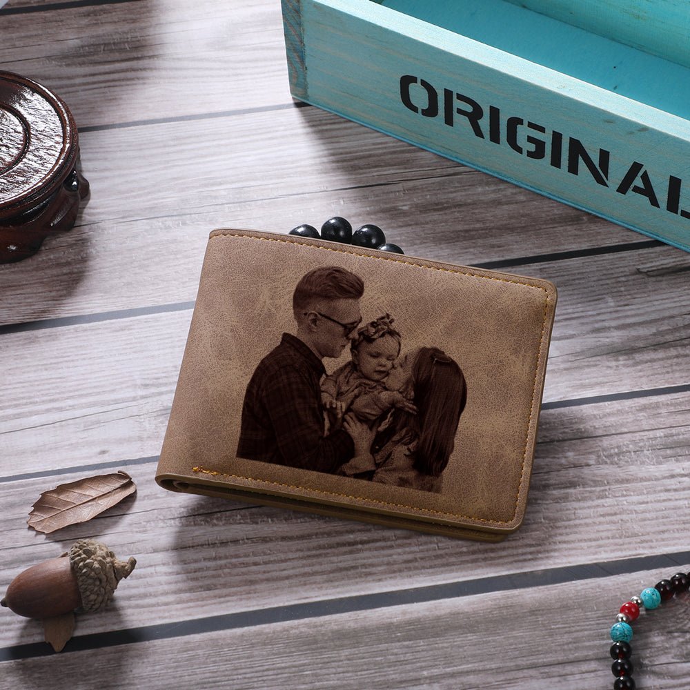 Personalized brown leather photo wallet, 11*8cm, PU leather, 36.6g, perfect Father's Day gift.