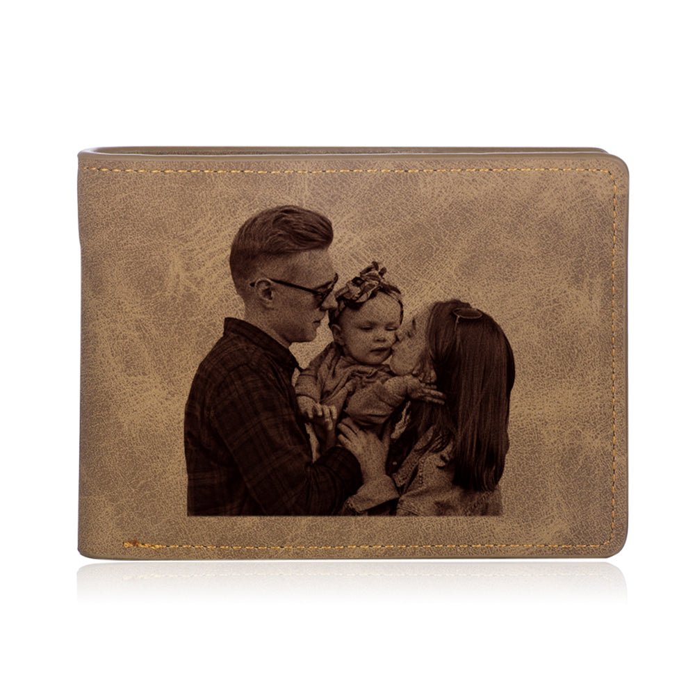 Personalized brown leather photo wallet, 11*8cm, PU leather, 36.6g, perfect Father's Day gift.
